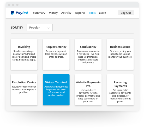 Paypal dashboard showing Virtual Terminal option